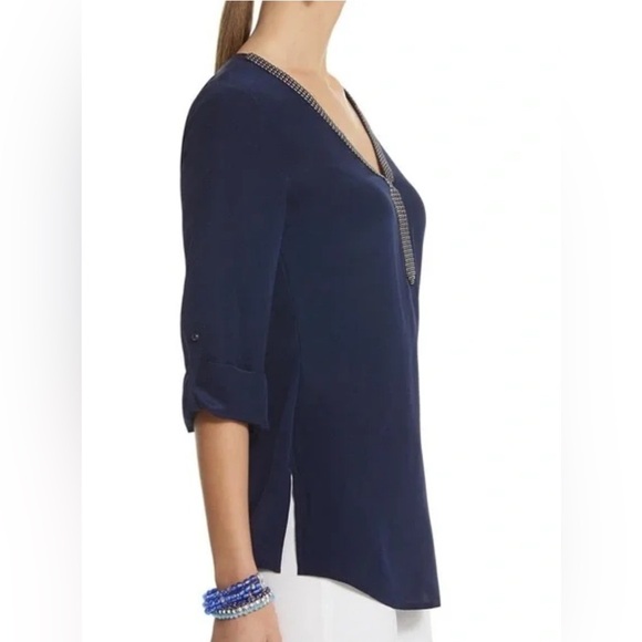 NWT - White House Black Market Beaded Silk Tunic in Classic Navy - Size 2 - Picture 3 of 9